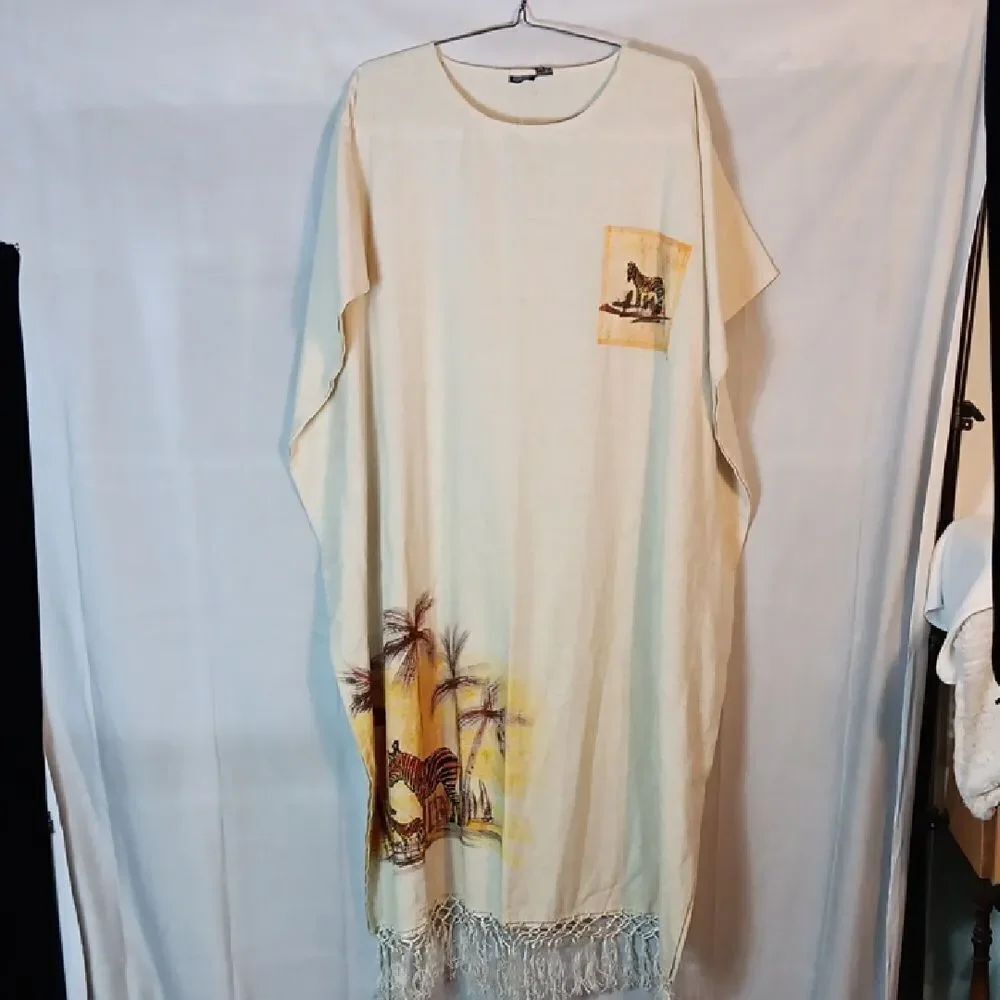 Beige Linen Kaftan with Zebra Print and Fringe